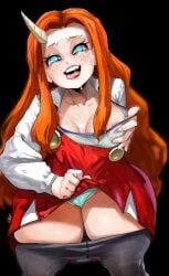 2023 aged_up auburn_hair black_background blue_eyes blush breasts cleavage eri_(my_hero_academia) female female_focus female_only freckles freckles_on_breasts freckles_on_face ginger ginger_hair grabbing_own_breast looking_at_viewer my_hero_academia noblood orange_hair panties pulling_up_clothing red_hair showing_breasts showing_panties thick_thighs thighs tongue tongue_out wide_hips