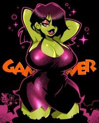 1girls after_transformation bad_ending banjo-kazooie big_breasts big_lips black_dress black_hair breasts cleavage dress eyelashes flower game_over game_over_gruntilda green_body green_skin gruntilda hair_over_one_eye hands_behind_head huge_breasts legendofnerd lips mascara mumbo_jumbo orange_eyes pose posing posing_for_the_viewer shiny shiny_clothes shiny_hair shiny_skin short_hair skull slim slim_waist smile tagme thick_thighs voluptuous wide_hips