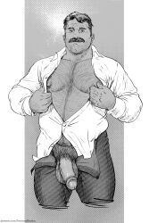 artist_name balls bara big_balls big_penis black_and_white bruteandbrawn chest_focus facial_hair gay hairy hairy_chest hairy_male looking_at_viewer male male_only moustache muscular muscular_male nipples older_male open_shirt opening_shirt patreon_username penis penis_out penis_out_of_pants pubic_hair solo solo_male standing yaoi