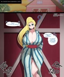 1girls beatrix_amerhauser blonde_hair blue_eyes breasts busty cleavage comic_page dialogue english_text fake_face female hi_res hips huge_breasts long_hair pussy thick_thighs thigh_gap thighs uncensored wide_hips zom_100_zombie_ni_naru_made_ni_shitai_100_no_koto