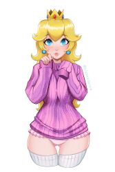 1girls alternate_version_available big_lips blonde_hair blue_eyes blush blushedpixie crown ear_piercing earrings female female_only hair headwear legwear lips long_hair mario_(series) nintendo panties pink_panties pink_sweater princess_peach solo solo_female sweater thick_lips thighhighs thighs white_thighhighs