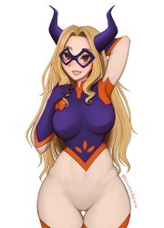 1girls alternate_version_available big_breasts blonde_hair blushedpixie bodysuit breasts domino_mask eyewear female female_only hair hand_behind_head hero_outfit_(mha) hip_dips hips horns huge_breasts lips long_hair mount_lady my_hero_academia red_eyes smile solo solo_female superheroine thighs wide_hips yuu_takeyama