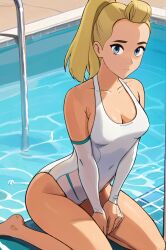 1girls 2020s 2023 absurd_res adora ai_generated blonde_female blonde_hair blue_eyes breasts cathrynedelamort cleavage female female_only hands_between_legs hourglass_figure kneeling large_breasts light-skinned_female light_skin long_hair looking_at_viewer one-piece_swimsuit ponytail pool she-ra_and_the_princesses_of_power shy solo swimming_pool swimsuit thick_thighs thin_waist water white_one-piece_swimsuit white_swimsuit wide_hips