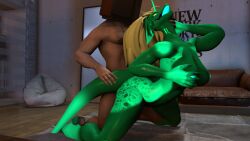 doggy_style face_grab furry green_body rough_sex sevan_(warfaremachine) tongue_out tv_head yellow_hair yiff