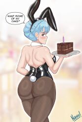 1girls alternate_costume ass ass_focus back back_view backless_outfit bare_back big_ass blue_hair breasts bunny_ears bunny_girl bunny_tail bunnysuit cake english_text female female_only fire_emblem fire_emblem:_three_houses fishnet_legwear fishnets grey_eyes inviting looking_at_viewer looking_back marianne_von_edmund medium_breasts nahusmash nintendo pantyhose solo text thighs waitress