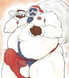 2023 anthro asian_clothing balls bear belly big_belly black_nose blush christmas christmas_clothing christmas_headwear clothing east_asian_clothing erection facial_hair fundoshi fur genitals hat headgear headwear hi_res holidays humanoid_hands japanese_clothing kemono male male_only mammal mature_male moobs moustache nipples one_eye_closed overweight overweight_male penis pochizizi polar_bear red_clothing red_fundoshi red_underwear santa_claus santa_hat simple_background solo underwear ursine white_body white_fur wink