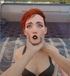 3d ambiguous_pov aurore_cassel blush breasts cd_projekt_red cyberpunk_2077 cyberpunk_2077:_phantom_liberty hand_on_cheek male partial_male pov pov_eye_contact red_hair wtfsths yellow_eyes