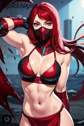 abs ai_generated arm_up armpits bangs bare_shoulders bikini breasts cleavage female gloves large_breasts loincloth long_hair looking_at_viewer mask mortal_kombat mortal_kombat_11 mouth_mask muscular navel pelvic_curtain pikkiwynn red_bikini red_eyes red_hair skarlet solo stomach swimsuit toned