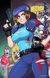 belt beret blood blue_eyes breasts brown_hair datskelebutt gun hat headgear holding_object jeans jill_valentine mikeluckas pants police police_uniform resident_evil sweat tagme torn_clothes zombie