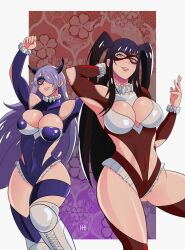 2girls alternate_costume alternate_hairstyle bangs bare_thighs black_hair breasts camilla_(fire_emblem) cleavage cleavage_cutout cosplay female female_only fire_emblem fire_emblem_awakening fire_emblem_fates grey_eyes grin hair_over_one_eye ihsnet inner_thighs large_breasts long_hair mask nintendo purple_eyes purple_hair rainbow_mika_(cosplay) smile street_fighter tharja_(fire_emblem) thighhighs thighs twintails wrestler