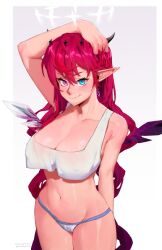 blue_eyes blush breasts covered_nipples crop_top crop_top_overhang crystal_wings female halo heterochromia hololive hololive_english hololive_english_-promise- horns irys irys_(hololive) kollerss large_breasts long_hair looking_at_viewer maiz-ken multicolored_hair navel panties pointy_ears purple_eyes red_hair shiny_skin smile solo standing star_halo tank_top underwear very_long_hair virtual_youtuber