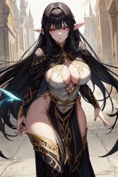 adele_(maplestory) ai_generated black_hair boob_window cleavage_cutout elf elf_ears elf_female female knight maplestory pale_skin red_eyes warrioress