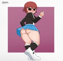 1girls ass big_ass black_eyes blue_skirt blush bottomwear female female_only footwear freckles freckles_on_ass freckles_on_face full_body hair huge_ass kim_pine legs looking_back middle_finger onisase panties red_hair scott_pilgrim short_hair skirt solo solo_female thick_thighs thighs topwear