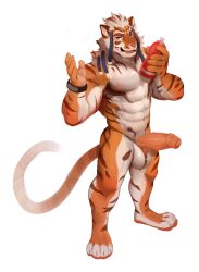 2021 abs absurd_res anthro bakemonoy ball_tuft balls barazoku big_muscles bottle brown_highlights brown_stripes container dreadlocks erection felid foreskin front_view full-length_portrait genitals hair hi_res high-angle_view highlights_(coloring) holding_water_bottle humanoid_genitalia humanoid_penis looking_at_viewer looking_up male mammal markings muscular muscular_male nude open_mouth open_smile pantherine partially_retracted_foreskin pecs penis pink_nose plantigrade portrait purple_eyes raised_arm retractable_claws shakti_(sleepylp) simple_background smile solo standing striped_markings striped_tail stripes tail tail_markings three-quarter_view tiger tongue tongue_out tuft water_bottle white_background white_hair wristband