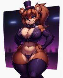1girls ai_generated anthro anthro_only armwear big_breasts black_armwear blue_eyes boob_window breasts brown_fur cleavage curvy fazclaire's_nightclub female female_only five_nights_at_freddy's freckles freddy_(fnaf) fredina fredina's_nightclub fredina_(cally3d) frenni_(cryptia) frenni_fazclaire furry furry_only hands_on_hips hat hourglass_figure legwear looking_at_viewer navel rocksolidart scottgames smile solo solo_female thick_thighs thighhighs voluptuous wide_hips