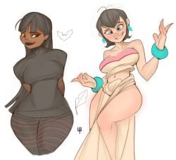 2girls belly_button chel chel_(cosplay) cosplay crossover crossover_cosplay dark-skinned_female dark_skin female female_only hotel_transylvania light-skinned_female light_skin loincloth mavis_dracula mavis_dracula_(cosplay) outfit_swap the_road_to_el_dorado tight_clothing tomphelippe wide_hips