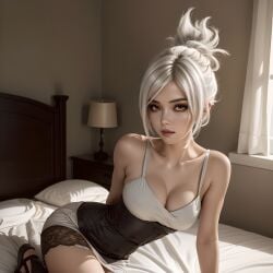 ai_generated bedroom brown_eyes league_of_legends looking_at_viewer only_riven ponytail riven sensual short_hair white_hair