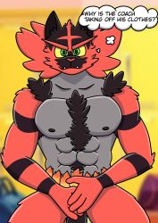 abs anthro armpit_hair biped black_body black_fur body_hair chest_hair covering covering_crotch donfurro felid fire fur generation_7_pokemon genitals green_eyes grey_body happy_trail hi_res humanoid_genitalia humanoid_penis incineroar looking_at_viewer male male_only mammal muscular muscular_anthro muscular_male nintendo nipples nude pantherine pecs penis pokemon pokemon_(species) red_body red_fur simple_background solo striped_body stripes text thought_bubble tiger yellow_sclera