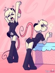 1boy anthro black_panties black_shirt blush closed_eyes femboy furry male male_only mouse open_mouth panties reggie_(whygena) shirt solo thighhighs tongue whygena yawn yiff