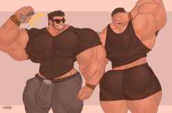 armpit_hair ass balls bara big_muscles black_hair bulge facial_hair flaccid fully_clothed gab_art hand_behind_head lucas_lee male male_only muscles muscular penis phone scott_pilgrim solo solo_male sunglasses