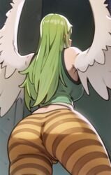 ai_generated ass bubble_butt female female_only from_behind from_below green_clothing green_hair leggings long_hair monet_(one_piece) one_piece sleeveless t-shirt thighs tight_clothing trompitpro winged_arms wings