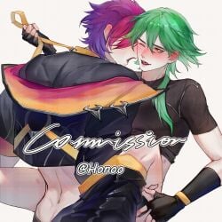 bite_mark bite_marks blush bondage choker closed_eyes clothing cute_face dog_collar ezreal gay green_hair heartsteel_ezreal heartsteel_kayn heartsteel_series kayn league_of_legends no_panties no_visible_genitalia open_mouth pink_hair purple_hair semi_clothed sex submissive_male submissive_top tongue_out yaoi