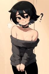 ai_generated big_breasts black_eyes black_hair choker daidouji_(artist) female knives_chau leggings long_sleeves looking_at_viewer nervous off_shoulder pants pantyhose question_mark scott_pilgrim short_hair simple_background smile solo solo_female standing sweater