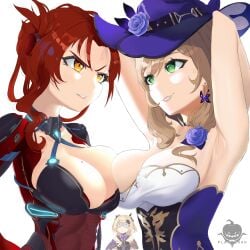 3girls alternate_version_available anger_vein armpits big_breasts breast_focus breast_to_breast breasts brown_hair cleavage crossover ear_piercing earrings female female_focus female_only fischl_(genshin_impact) flower_in_hair genshin_impact green_eyes hair hair_ornament hat headwear honkai_impact_3rd huge_breasts large_breasts lips lisa_(genshin_impact) mature mature_female mature_woman mole mole_on_breast multiple_girls murata_himeko planterak_draws red_hair shocked voice_actor_connection witch_hat yellow_eyes