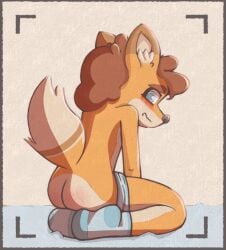 anthro ass bed blush bottomwear bottomwear_down butt_slap canid canine clothed clothing embarrassed footwear fox furniture hair kneeling male male_only mammal pants pants_down partially_clothed simple_background slap socks solo spanking sqwek tail