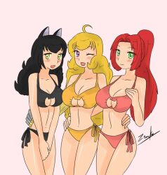 3girls black_hair black_hair_female blake_belladonna blonde_female blonde_hair cat_ears green_eyes hands_around_waist lingerie long_hair long_hair_female multiple_girls purple_eyes pyrrha_nikos red_hair red_hair_female robotic_arm rwby winking yang_xiao_long yellow_eyes zronku