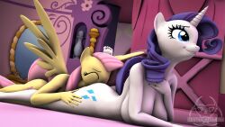 3d 3d_(artwork) anthro anthrofied big_breasts breasts digital_media_(artwork) duo equid equine female female/female fluttershy_(mlp) friendship_is_magic hair hasbro hi_res horn lying mammal my_little_pony nude on_front oral purple_hair rarity_(mlp) senthaurekmern unicorn