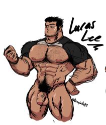 balls bara black_hair body_hair chest_hair dinojaiba22 facial_hair flaccid lucas_lee male male_only muscles muscular pantsless penis scott_pilgrim shirt_up solo solo_male