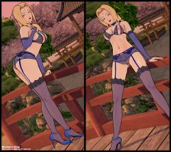 blonde_hair blue_bra blue_garter_belt blue_garter_straps blue_high_heels breakwater_ridge high_heels lingerie_only naruto tsunade