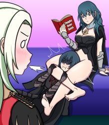 1boy 2020 2girls bed blue_eyes blue_hair byleth_(fire_emblem) byleth_(fire_emblem)_(female) byleth_(fire_emblem)_(male) chokehold clothed_male edelgard_von_hresvelg feet fire_emblem fire_emblem:_three_houses garreg_mach_monastery_uniform hyoreisan mostly_clothed multiple_girls nintendo reading reading_book selfcest surprised thick_thighs white_hair