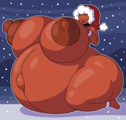 anthro belly_bulge big_ass big_belly big_breasts big_female big_nipples blush bracelet bracelets collar dorahden erect_nipples female female_only gigardrawz ginger_(dorahden) gingerbread_cookie glistening hyper hyper_belly hyper_breasts hyper_female massive_breasts monologue pregnant red_socks santa_hat shaded snow wide_hips