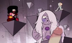 1boy 2023 3girls accurate_art_style after_fellatio amethyst_(steven_universe) cartoon_network cum cum_on_breasts cum_on_face garnet_(steven_universe) gem_(species) nude_filter pearl_(steven_universe) penis saliva saliva_trail screenshot screenshot_edit self_upload steven_universe su_edits watching