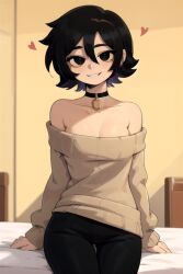 ai_generated big_breasts black_eyes black_hair choker daidouji_(artist) female knives_chau leggings long_sleeves looking_at_viewer nervous off_shoulder pants pantyhose question_mark scott_pilgrim short_hair simple_background smile solo solo_female standing sweater