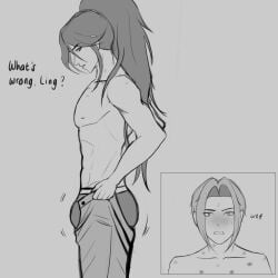 blush dialogue english_text ling_(mobile_legends) long_hair looking_at_another looking_at_penis male male_only mobile_legends mobile_legends:_adventure mobile_legends:_bang_bang pants penis_bulge text yaoi zilong