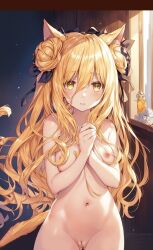 ai_generated blonde_hair cat_ears date_a_live hoshimiya_mukuro long_hair looking_at_viewer medium_breasts nekom14 nipples pussy yellow_eyes