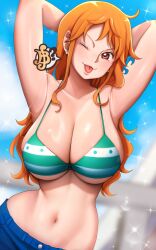 1girls :p arms_behind_head big_breasts bikini bikini_top female female_only hi_res jeans long_hair looking_at_viewer nami nami_(one_piece) niucniuc one_piece orange_eyes orange_hair post-timeskip smiling smiling_at_viewer solo wink winking_at_viewer