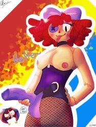 blush bow breasts button_eye corset dark_brown_hair fishnets hard_nipples ibispaintx jester_hat pomni pomni_(the_amazing_digital_circus) ragatha ragatha_(the_amazing_digital_circus) red_hair strap-on the_amazing_digital_circus thick_thighs tongue_out white_body