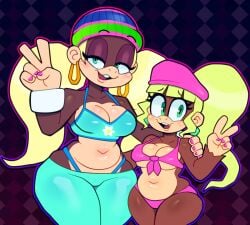 2girls :3 beanie big_breasts bikini bikini_bottom bikini_top blonde_hair brown_fur cleavage dixie_kong donkey_kong_(series) earrings eyebrows eyebrows_visible_through_hair eyelashes eyeshadow feet female female_focus green_eyes hat large_breasts looking_at_viewer monkey monkey_girl navel nintendo peace_sign somescrub thick_thighs thighs thong thong_above_pants thong_straps tiny_kong