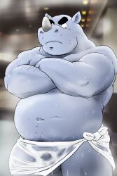 2023 anthro belly big_belly bodily_fluids flaccid genitals grey_body hi_res kemono male mammal navel overweight overweight_male penis rhinoceros shibatanukiti small_penis solo sweat towel