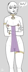 1girls arms_crossed_under_breasts collar crossed_arms english_text female female_only femsub functionally_nude gold_jewelry homestuck limited_palette metal_collar mindwipe piercing_attached_clothing revealing_clothes rose_lalonde skimpy_clothes tagme text