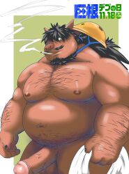 2023 anthro armor balls belly big_belly big_dick_day erection genitals hard_hat headgear helmet hi_res humanoid_genitalia humanoid_hands humanoid_penis kemono male mammal moobs morino8484 musclegut nipples overweight overweight_male penis smoking solo suid suina sus_(pig) wild_boar