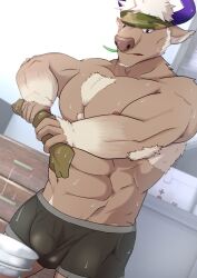 abs anthro big_bulge bovid bovine briefs bulge cattle clothing detailed_bulge fur hi_res horn kiyoichimaki lifewonders male male_only mammal muscular muscular_anthro muscular_male nipples pecs shennong solo tokyo_afterschool_summoners underwear white_body white_fur