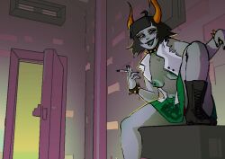 1girls aliasing alien alien_girl black_nails boots breasts breasts_out cigarette daraya_jonjet female female_only green_areola hiveswap holding_cigarette holding_object homestuck horns indoors nipple_piercing rim_light sitting skirt smile soldierexclipse spiked_bracelet tagme torn_sleeves unbuttoned_shirt wristband yellow_sclera