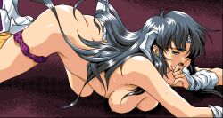 1girls ass ass_up black_eyes black_hair breasts circlet fingerless_gloves game_cg jewelry large_breasts looking_back min-naraken mizuhara_hazuki nude nude_female on_floor open_mouth pc98 pixel_art solo toushin_toshi toushin_toshi_ii