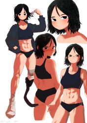 :/ abs absurdres amputee black_eyes black_hair blush collarbone female frown full_body highres jacket kms2605 looking_at_viewer looking_back looking_to_the_side medium_hair mole mole_under_eye multiple_views oc original original_character prosthesis prosthetic_leg simple_background sports_bra sportswear toned white_background