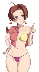 1girls big_breasts blush bottomwear bra breasts brown_eyes brown_hair cleavage delia_ketchum_(pokemon) female female_only hair heart heart hips mature mature_female mature_woman milf mother open_shirt pabsmikan panties pokemon pokemon_(anime) purple_panties shirt smile solo solo_female thighs topwear wide_hips yellow_bra